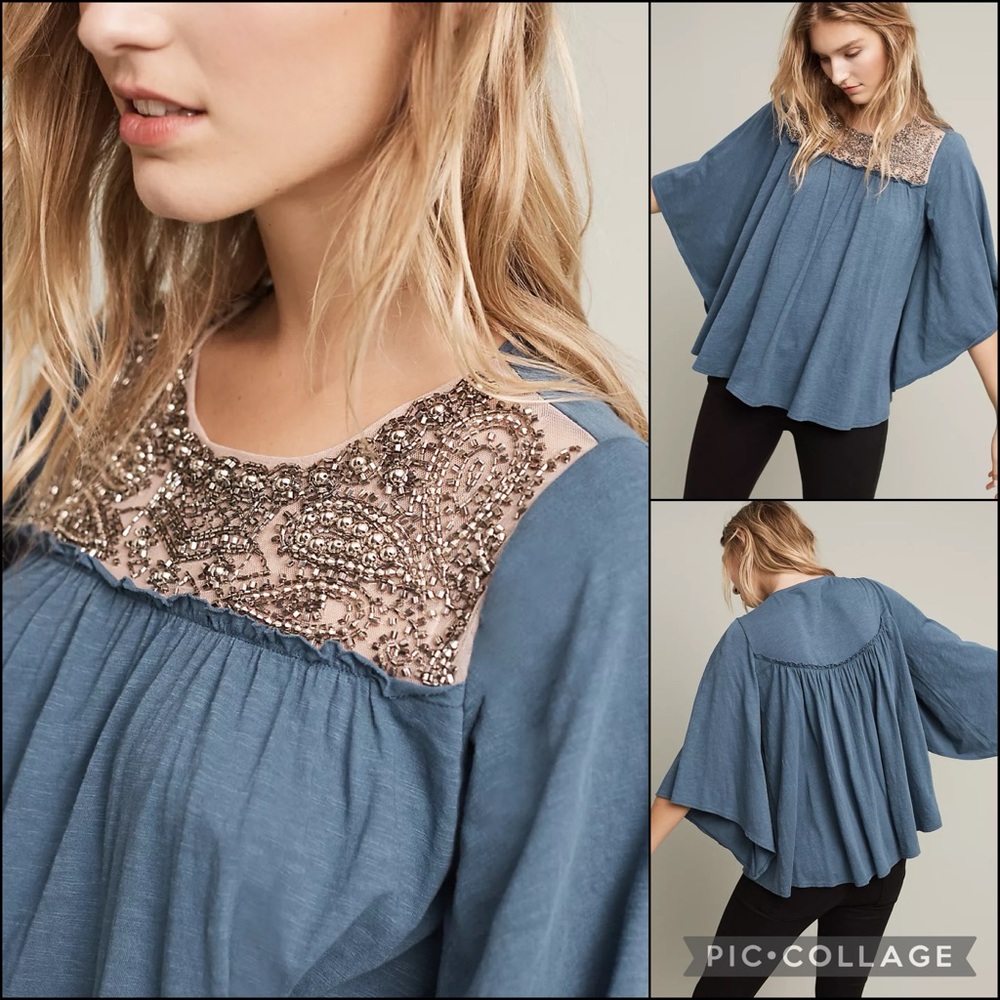 Anthro Deletta Slate Beaded Embellished Wide Flare Sleeve Swing Blouse Top